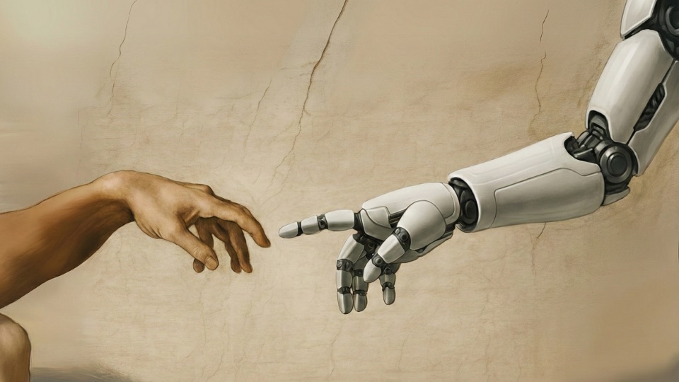 A human hand and a robotic hand reaching toward each other, echoing Michelangelo’s Creation of Adam