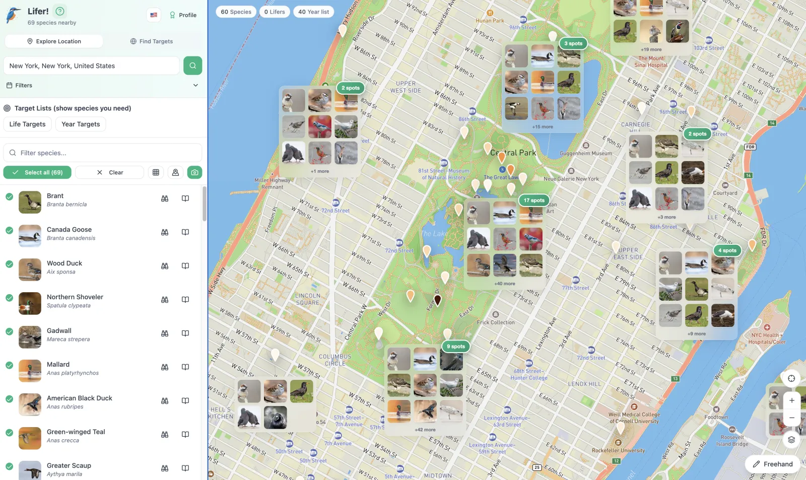 Lifer desktop layout — a sidebar species list paired with a full target-species map