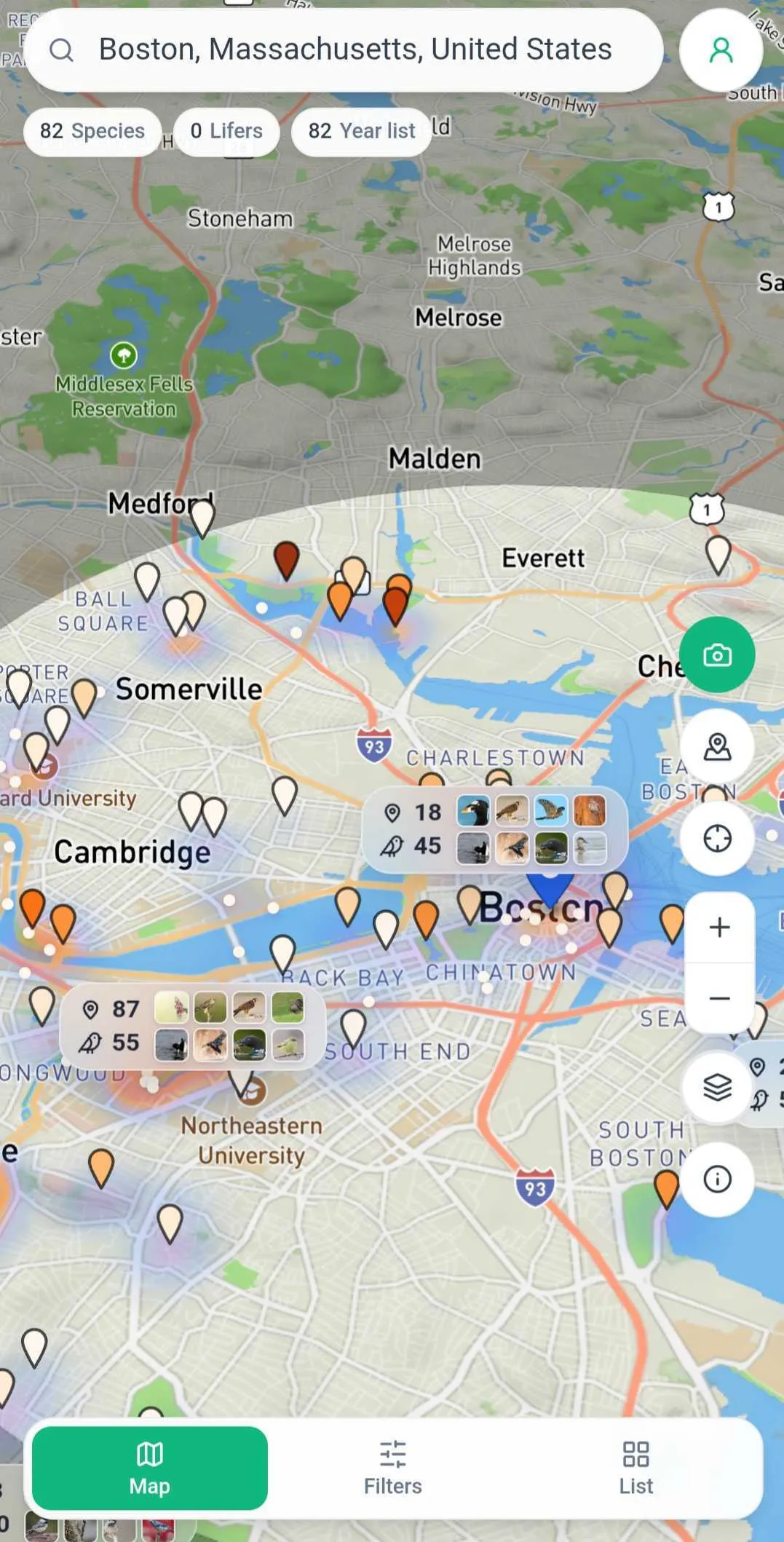 Lifer map of Boston showing nearby bird species