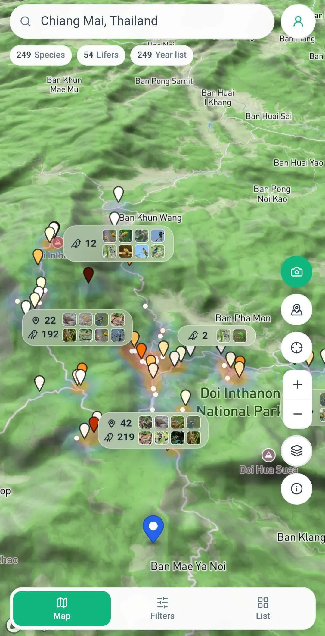 Lifer map of Chiang Mai showing nearby bird species