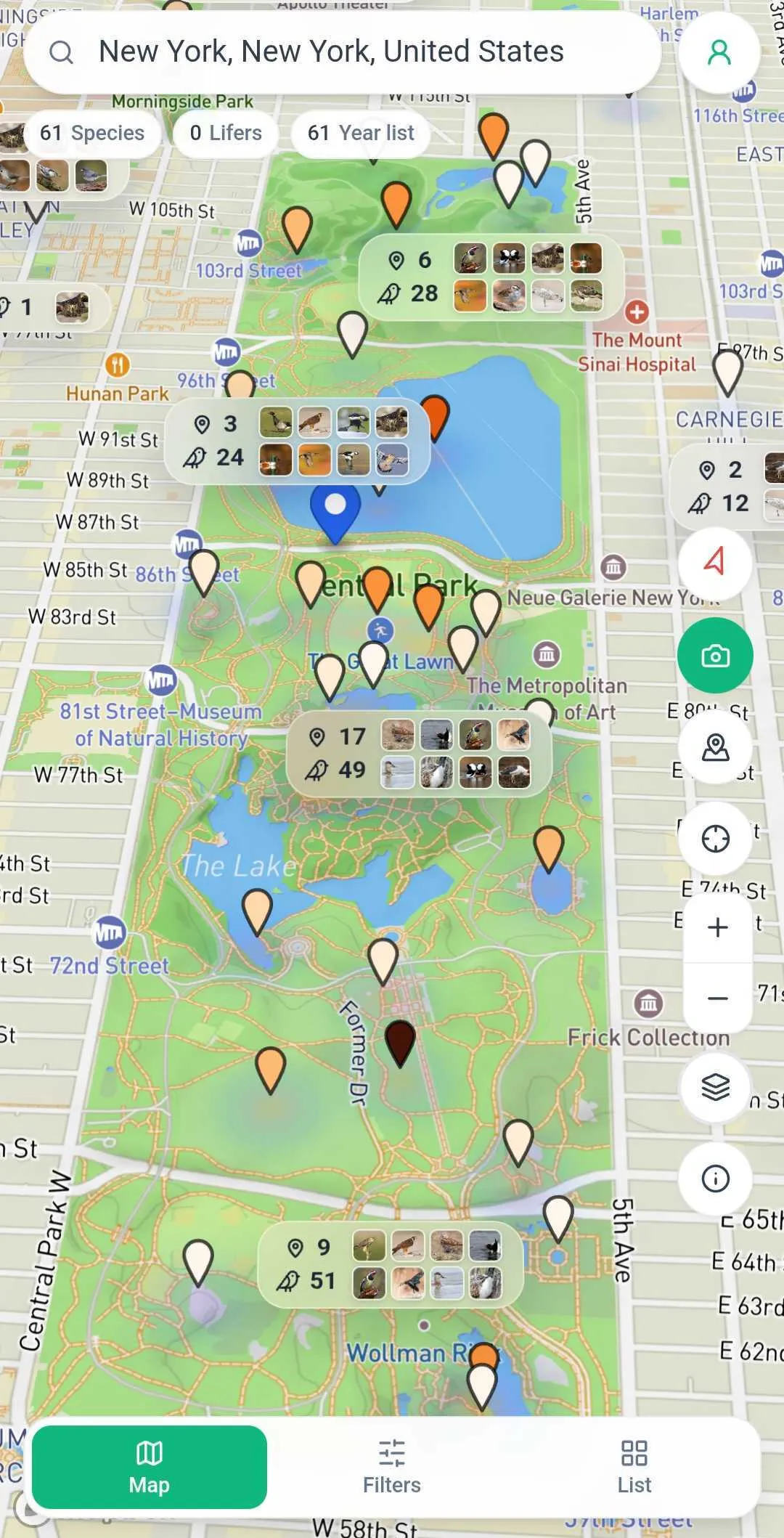 Lifer map of Central Park, New York, showing nearby species with lifer and year-list badges