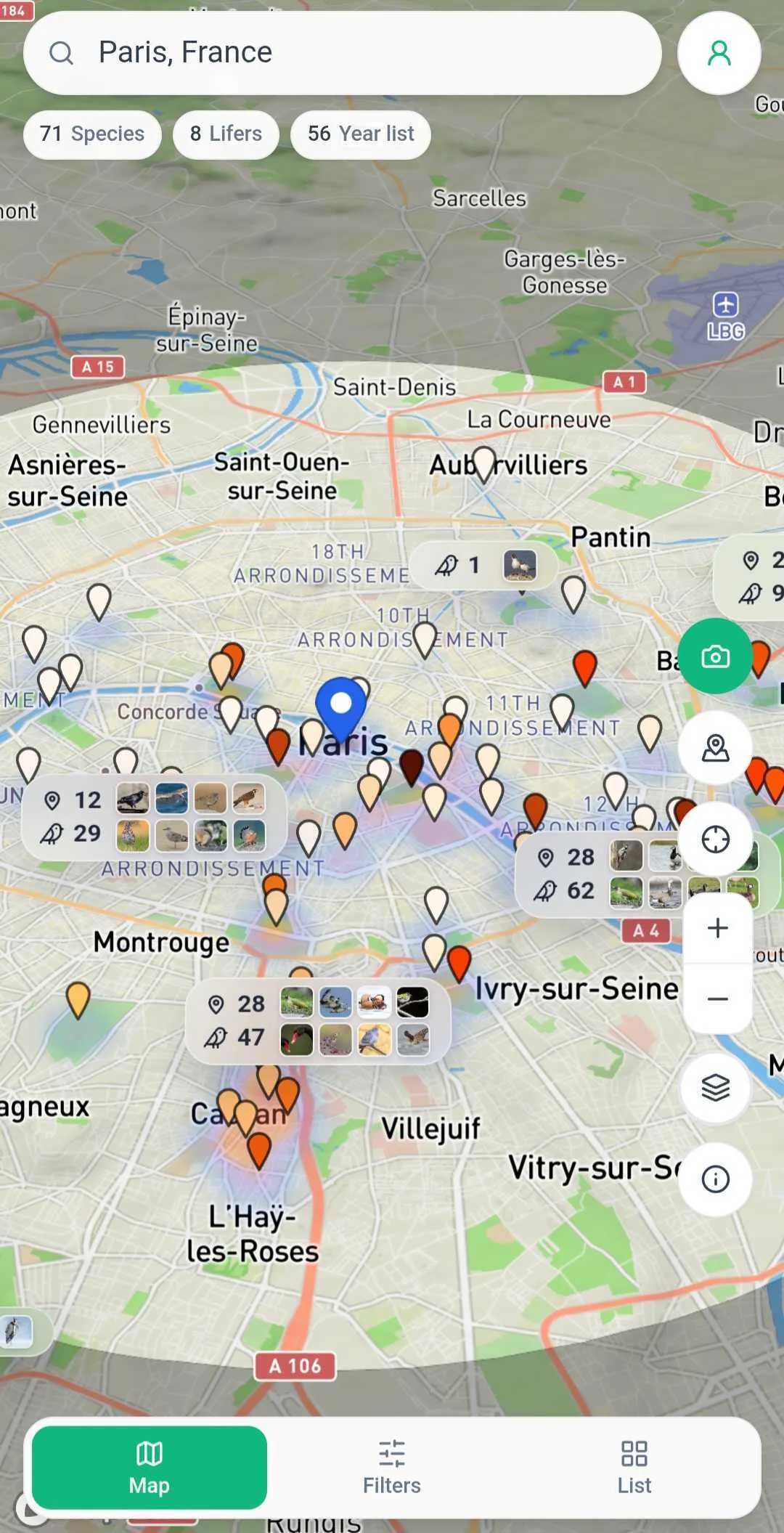 Lifer map of Paris showing nearby bird species